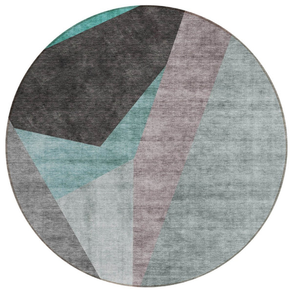 HomeRoots 5' Stylish Teal Blue Aqua Charcoal Abstract Indoor Outdoor Area Rug for Modern Spaces and Durability 8' Round 582892
