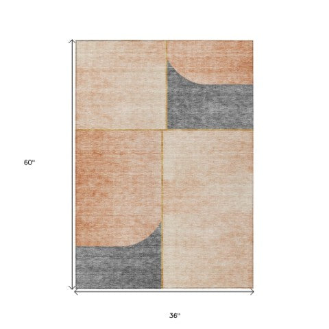 Homeroots 3' Stylish Coral Peach And Gray Abstract Washable Area Rug For Indoor And Outdoor Spaces 3' X 5' Polyester 582896