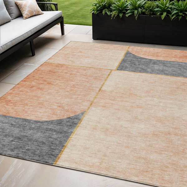Homeroots 3' Stylish Coral Peach And Gray Abstract Washable Area Rug For Indoor And Outdoor Spaces 5' X 8' Polyester 582897