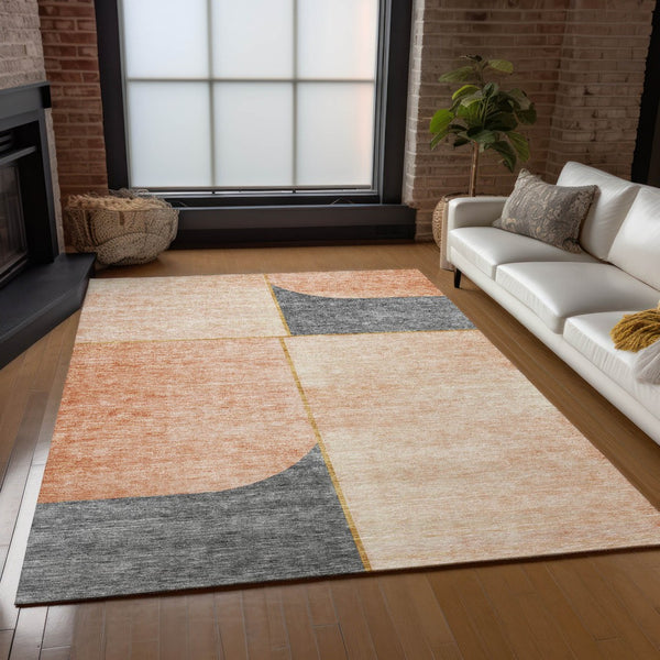 Homeroots 3' Stylish Coral Peach And Gray Abstract Washable Area Rug For Indoor And Outdoor Spaces 5' X 8' Polyester 582897