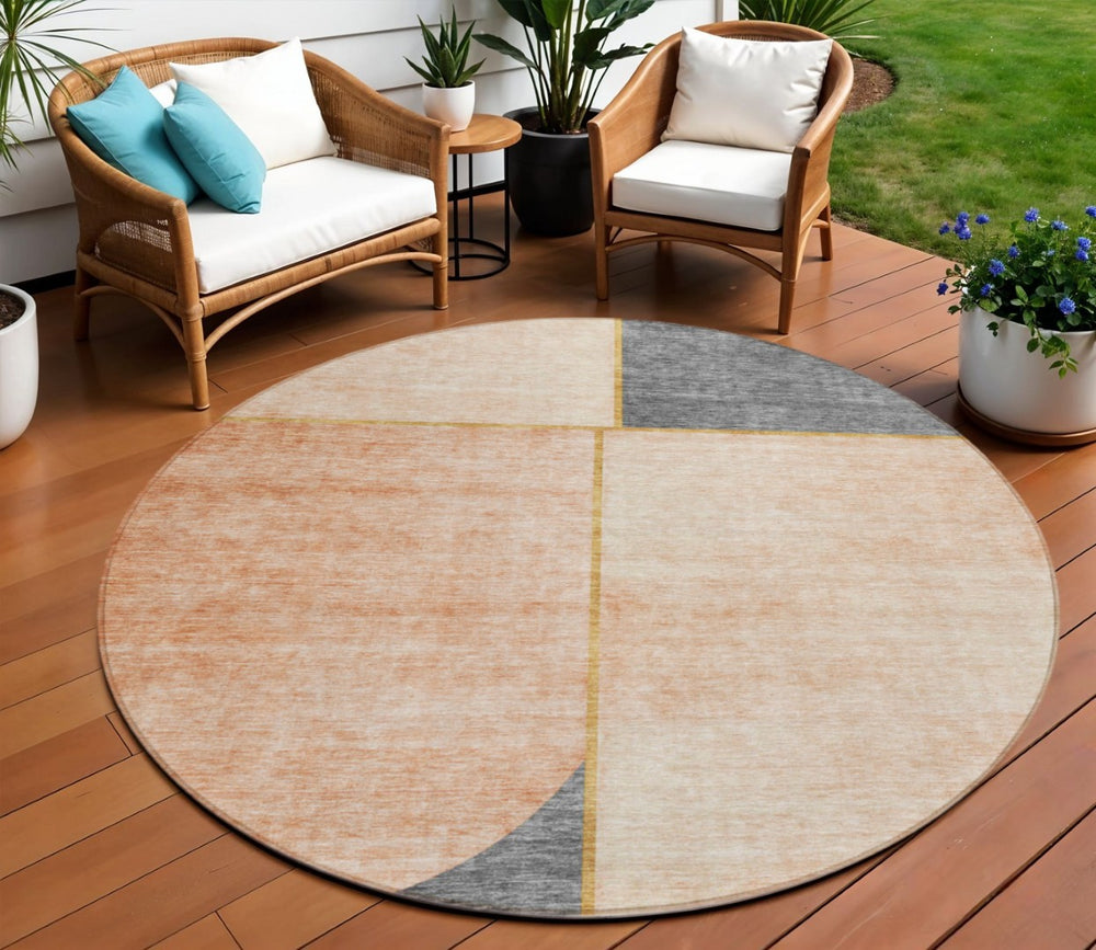 HomeRoots 5' Stylish Coral Peach and Gray Abstract Indoor Outdoor Area Rug for Modern Living Spaces 8' Round 582898