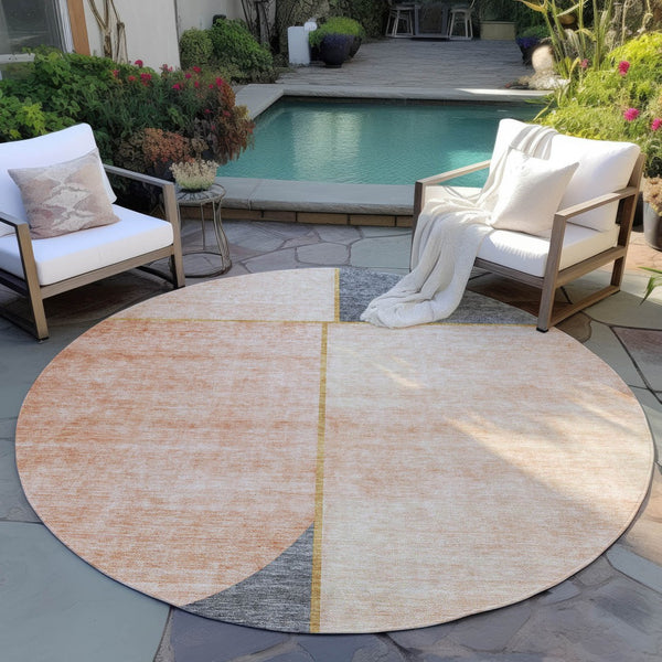 Homeroots 3' Stylish Coral Peach And Gray Abstract Washable Area Rug For Indoor And Outdoor Spaces 8' Round Polyester 582898