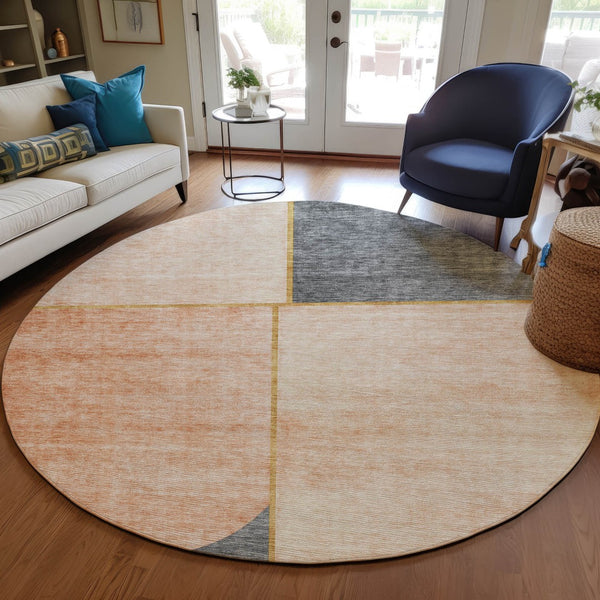 Homeroots 3' Stylish Coral Peach And Gray Abstract Washable Area Rug For Indoor And Outdoor Spaces 8' Round Polyester 582898