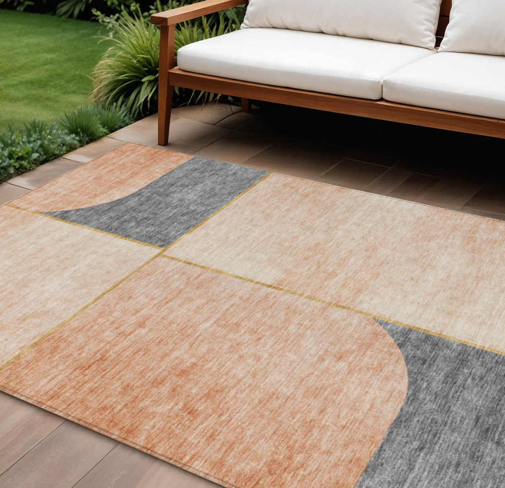 Homeroots 3' Stylish Coral Peach And Gray Abstract Washable Area Rug For Indoor And Outdoor Spaces 8' X 10' Polyester 582899