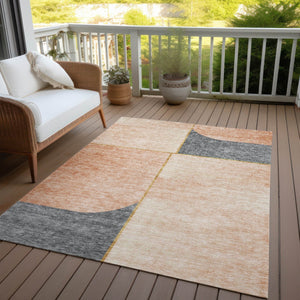 Homeroots 3' Stylish Coral Peach And Gray Abstract Washable Area Rug For Indoor And Outdoor Spaces 8' X 10' Polyester 582899