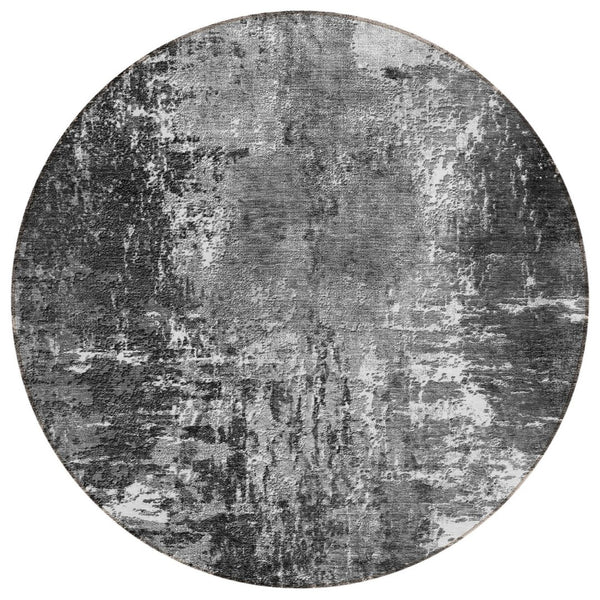 HomeRoots 5' Gray Charcoal and Silver Abstract Area Rug – Stylish, Washable, Versatile for Indoor & Outdoor Use 8' Round 582922