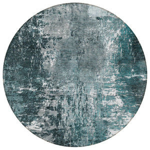 HomeRoots 5' Abstract Washable Area Rug in Teal, Blue-Gray & Charcoal for Indoor/Outdoor Modern Spaces 8' Round 582928
