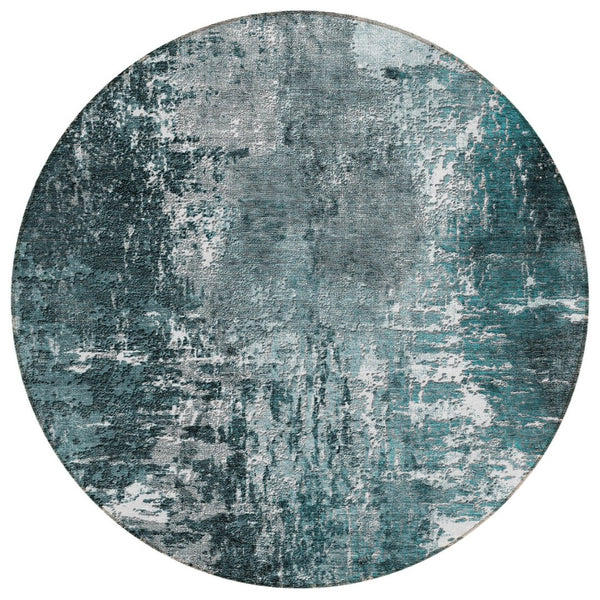 HomeRoots 5' Abstract Washable Area Rug in Teal, Blue-Gray & Charcoal for Indoor/Outdoor Modern Spaces 8' Round 582928