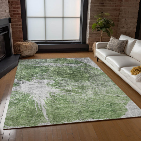 Homeroots 3' Stylish Green And Gray Abstract Washable Indoor Outdoor Area Rug For Versatile Home Decor 5' X 8' Polyester 582939