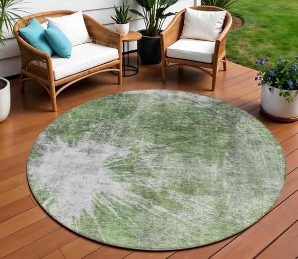 Homeroots 3' Stylish Green And Gray Abstract Washable Indoor Outdoor Area Rug For Versatile Home Decor 8' Round Polyester 582940