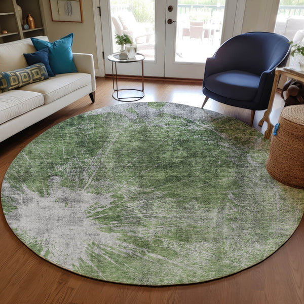 Homeroots 3' Stylish Green And Gray Abstract Washable Indoor Outdoor Area Rug For Versatile Home Decor 8' Round Polyester 582940