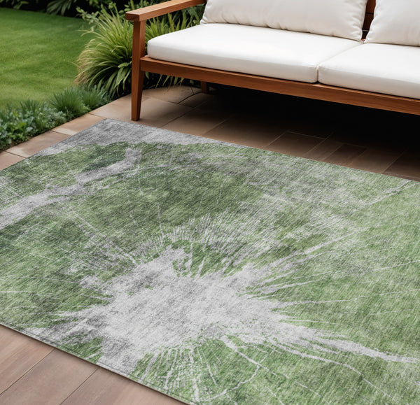 Homeroots 3' Stylish Green And Gray Abstract Washable Indoor Outdoor Area Rug For Versatile Home Decor 10' X 14' Polyester 582943