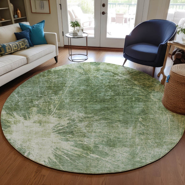 Homeroots 3' Stylish Green And Gray Abstract Washable Indoor Outdoor Area Rug For Versatile Home Decor 8' Round Polyester 582946