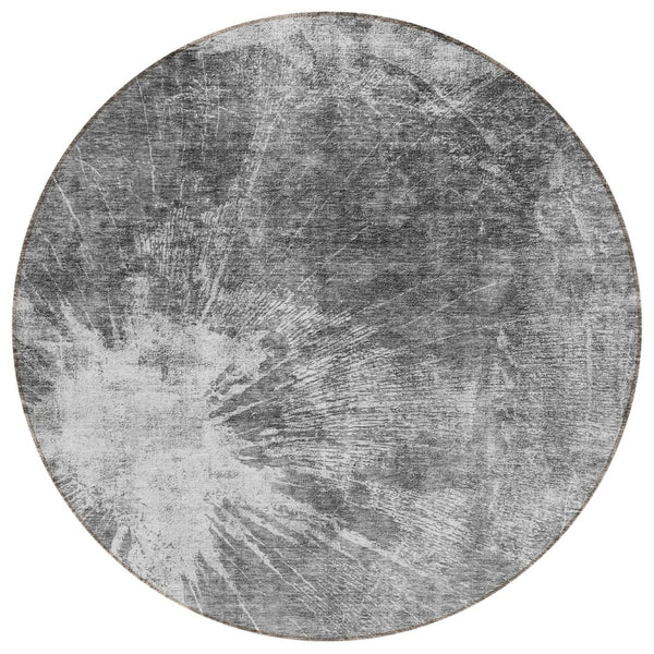 HomeRoots 5' Gray Charcoal and Silver Abstract Area Rug – Stylish, Washable, Durable for Indoor & Outdoor Use 8' Round 582952