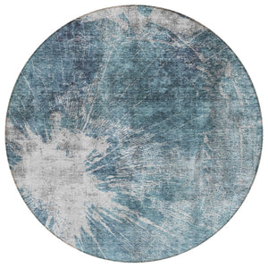 HomeRoots 5' Modern Abstract Washable Area Rug in Teal, Navy, and Gray - Durable for Indoor and Outdoor Use 8' Round 582964