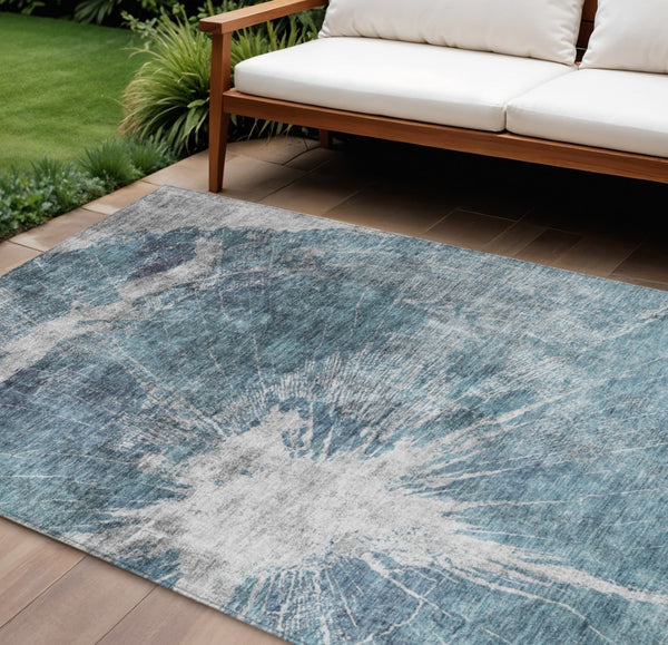 HomeRoots 5' Modern Abstract Washable Area Rug in Teal, Navy, and Gray - Durable for Indoor and Outdoor Use 10' X 14' 582967