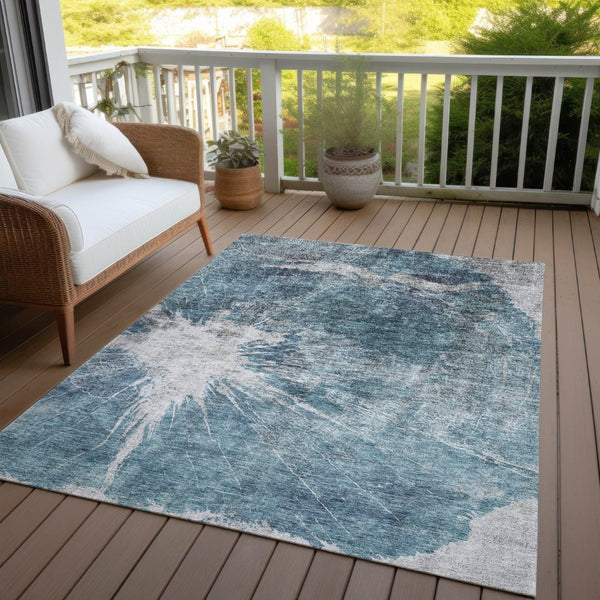 HomeRoots 5' Modern Abstract Washable Area Rug in Teal, Navy, and Gray - Durable for Indoor and Outdoor Use 10' X 14' 582967