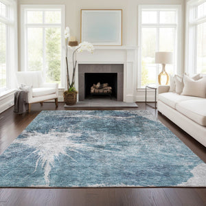 HomeRoots 5' Modern Abstract Washable Area Rug in Teal, Navy, and Gray - Durable for Indoor and Outdoor Use 10' X 14' 582967