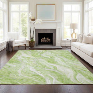 Homeroots 3' Green And Ivory Abstract Washable Area Rug - Stylish Indoor Outdoor Design For Any Space 9' X 12' Polyester 582978