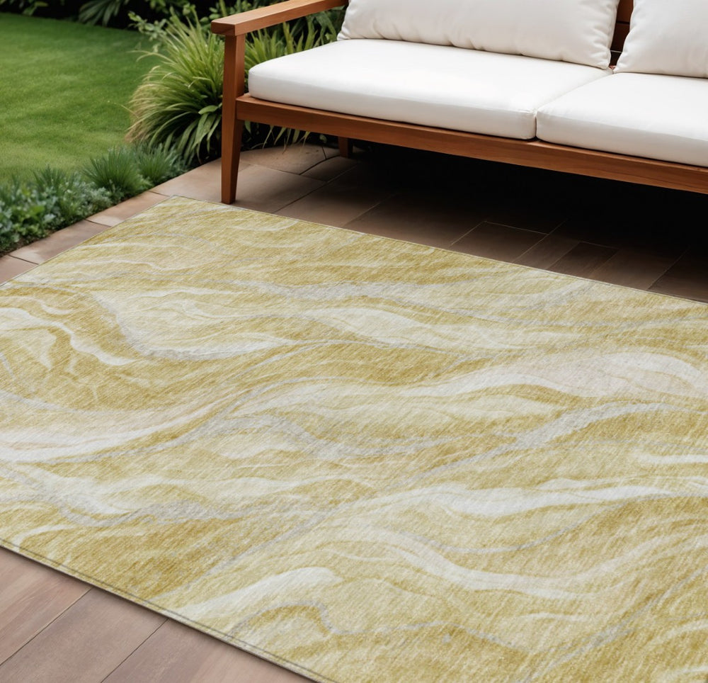 HomeRoots 9' Abstract Gold Beige Ivory Area Rug - Stylish, Washable, Durable for Indoor & Outdoor Spaces 9' X 12' 582990