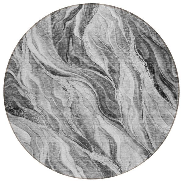 HomeRoots 5' Modern Gray Charcoal and Ivory Abstract Washable Area Rug for Indoor and Outdoor Spaces 8' Round 582994