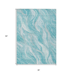 Homeroots 3' Green And Ivory Abstract Washable Area Rug - Stylish Indoor Outdoor Design For Any Space 3' X 5' Polyester 582998