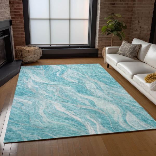 Homeroots 3' Green And Ivory Abstract Washable Area Rug - Stylish Indoor Outdoor Design For Any Space 3' X 5' Polyester 582998