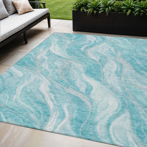 Homeroots 3' Green And Ivory Abstract Washable Area Rug - Stylish Indoor Outdoor Design For Any Space 5' X 8' Polyester 582999