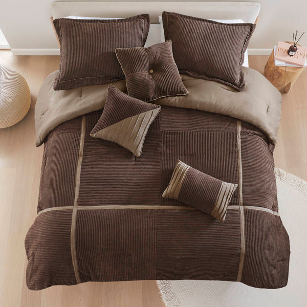 English Elm 7 Piece Micro Corduroy Comforter Set In Brown - Cozy, Chic, And Lodge-Inspired Bedroom Ensemble B035P266665