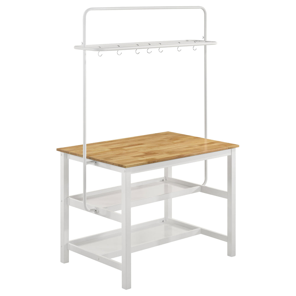 English Elm Prager Farmhouse 3-Piece Kitchen Island with Overhead Rack, Hooks & Shelves, Two Backless Stools, White B062S00619