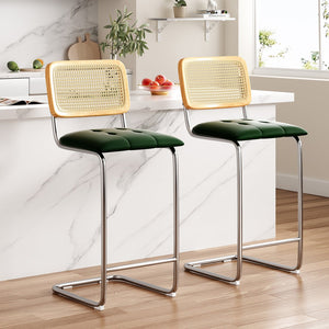 English Elm Counter Height Bar Stools Set Of 2 - Modern Green Pu Leather & Rattan Back Chairs For Kitchen Use T3623P360704