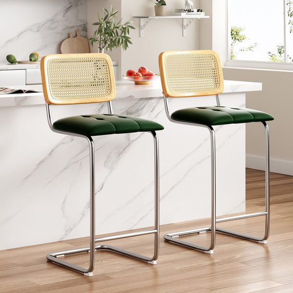 English Elm Counter Height Bar Stools Set Of 2 - Modern Green Pu Leather & Rattan Back Chairs For Kitchen Use T3623P360704