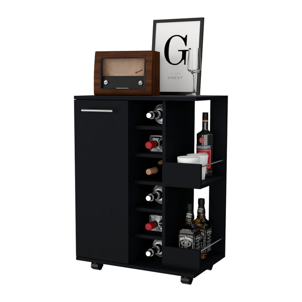 English Elm Tennessee Mobile Bar Cart with Cabinet, Six Bottle Cubbies, Top Rail Prep Area & Locking Wheels Black 33 L x 18 W x 7 H B128P176142