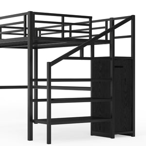 English Elm Twin Xl Metal Loft Bed with Stair Storage Shelves Sturdy Steel Frame for Dorms W1580S00063