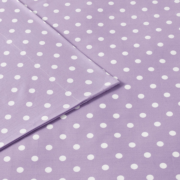 JLA Home Mi Zone - Printed Cotton Sheet Set for Kids with Cheerful Polka Dots, OEKO‑TEX Certified, Breathable Percale Comfort Purple MZ20-418