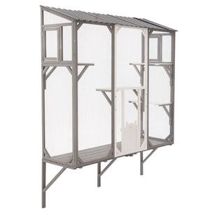 English Elm Outdoor Fir Wood Window Catio Enclosure with Four Climbing Platforms for Cats Grey,White N719P418371K