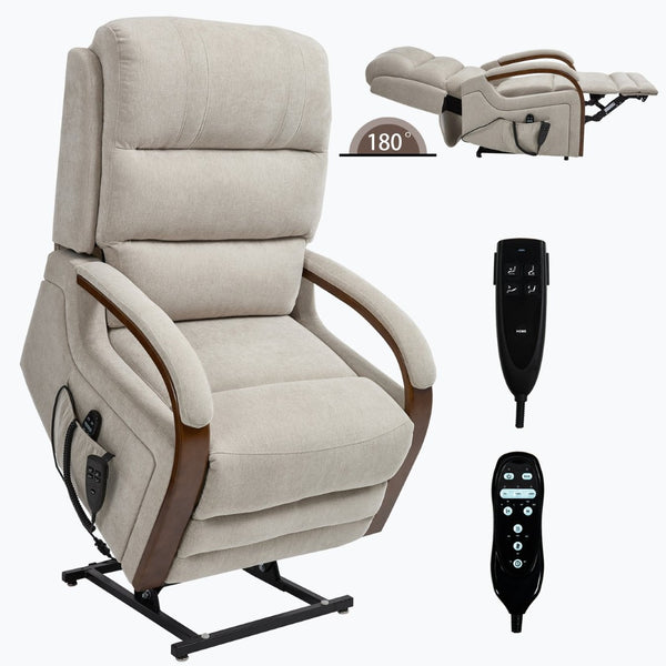 English Elm Power Lift Recliner Chair Chenille Upholstery Dual Motor Heat Massage Solid Wood Arms Beige W1803S00077