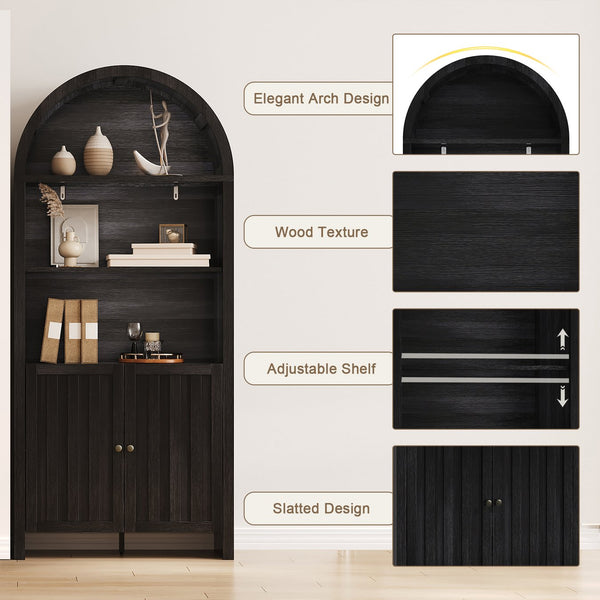 English Elm 71" Tall Farmhouse Bookshelf with Arched Top and Lower Cabinet, Rustic Slatted Doors, Sturdy Design Black T3771P371997