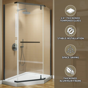 English Elm Corner Frameless Neo-angle Pivot Shower Enclosure with Tempered Glass and Sleek Hardware W637P348794