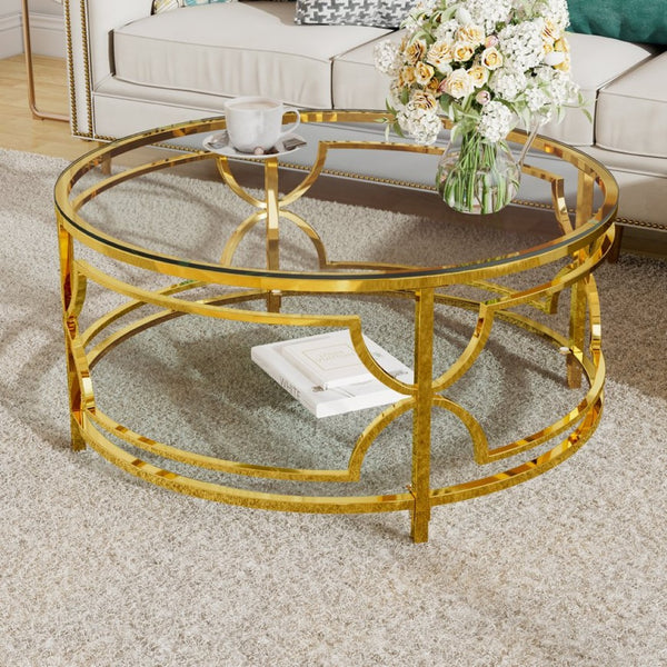 English Elm Round Tempered Glass Coffee Table with Gold Geometric Metal Base and Open Storage Shelf Transparent N735P396530K
