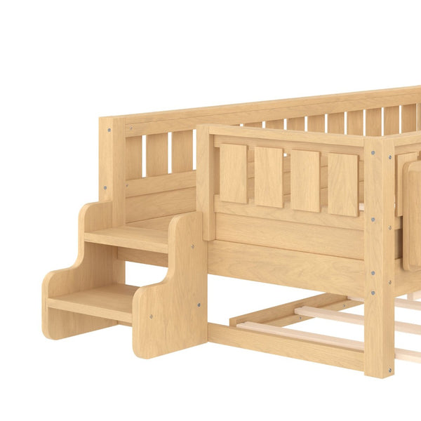 English Elm Twin Kids Platform Bed with Trundle Staircase Bookshelf and Rounded Safety Rails Light Natural W1580S00557