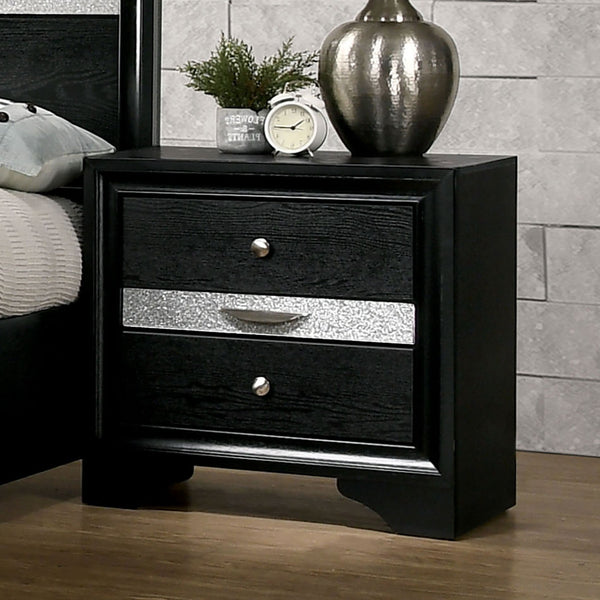 English Elm Contemporary Nightstand with Silver Accents, Solid Wood Veneer, English Dovetail Drawer, Sleek Shine Black 30 L x 20 W x 30 H B2741P375932