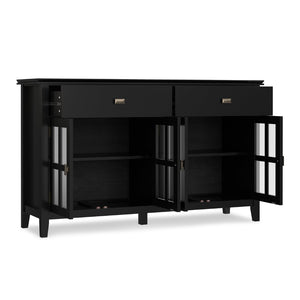 English Elm Artisan Solid Pine Buffet with Glass Panel Doors Matte Black Dining Storage B136P439010