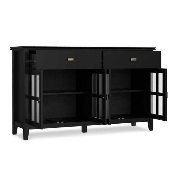 English Elm Artisan Solid Pine Buffet with Glass Panel Doors Matte Black Dining Storage B136P439010