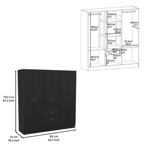 English Elm Kibo Six-Door Armoire with Drawer and Double Rods, 7 Shelves, Scratch-Resistant Melamine Finish Black White 72.44 L x 23.23 W x 4.33 H B097S00231
