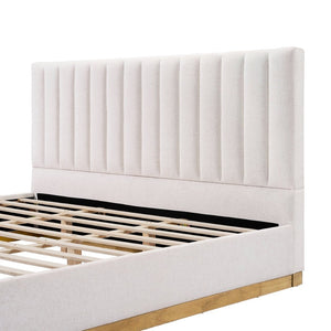 English Elm King Upholstered Bed Linen Channel Stitch Tall Headboard Solid Wood Slatted Base N757K339014I