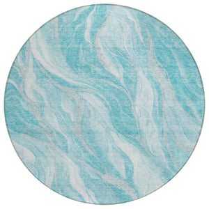 HomeRoots 5' Abstract Area Rug in Teal Blue and Ivory - Stylish, Washable Design for Indoor and Outdoor Spaces 8' Round 583000