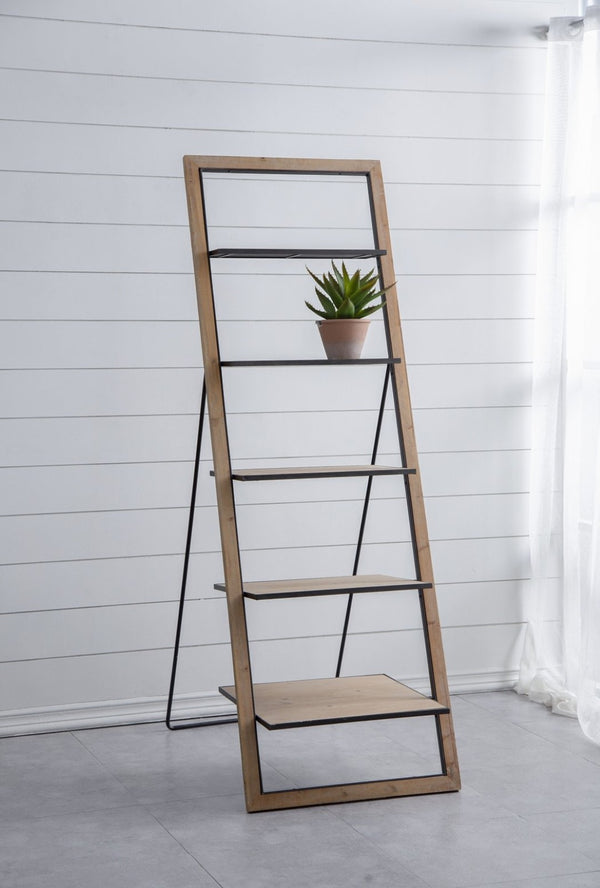 English Elm 24.8x26.4x72.4" Five Tier Fir Wood Ladder Bookshelf Farmhouse Iron Hardware Display W2078P499743