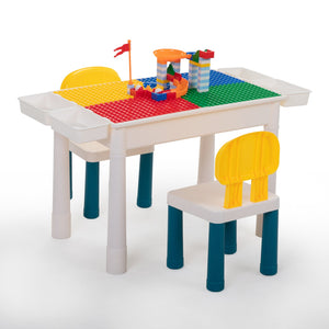 English Elm All-in-One Kids Activity Table set with 2 chairs, 100 DIY blocks, slides, storage & cushions for toddlers W2181P362367