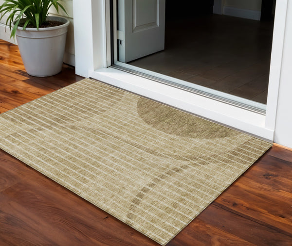Homeroots 3' Stylish Brown Taupe And Ivory Striped Washable Area Rug For Indoor And Outdoor Spaces 3' X 5' Polyester 583058